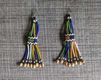 Aunthentic SHIPIBO  long beaded with Amazonian seeds  EARRINGS blue white yellow