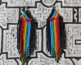 LOVE is LOVE beaded  long EARRINGS iridescent hues  multicolor Czech glass black beads boho style