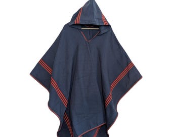 HOODED PONCHO unisex shamanic ceremonial outfit Andean Cuzco Peruvian cape blue  with orange  stripes