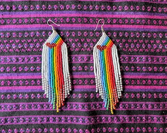 RAINBOW HEART beaded  long EARRINGS iridescent  purple hues summerwhite  multicolor Czech glass beads