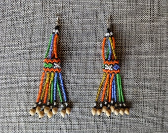 Aunthentic SHIPIBO  long beaded with Amazonian seeds  EARRINGS