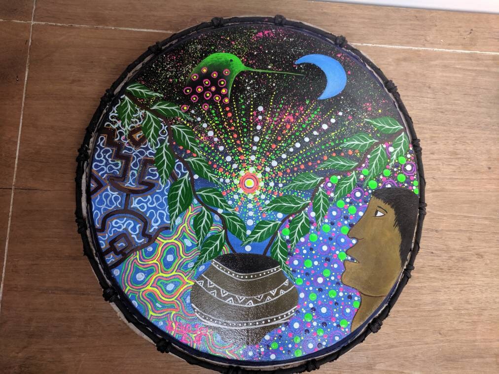 SHIPIBO PSYCHEDELIC Shamanic DRUM 14 in/36 cms painted by artist Inin Soi
