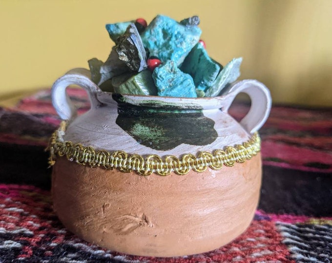 ABUNDANCE FORTUNE POT handmade with rocks  and mineral scraps  shamanic art object statue