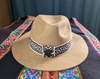 CHAKANA ANDEAN WOOL dark beige felted hat with Inka  q'ero woven ribbon sombrero size  Xlarge 60 cm