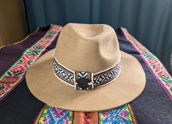 CHAKANA ANDEAN WOOL dark beige felted hat with Inka  q'ero woven ribbon sombrero size  Xlarge 60 cm