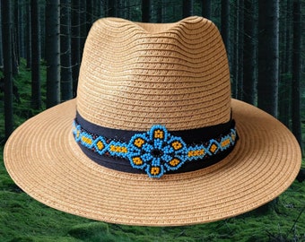 AYAWASKA PAPER Straw HAT with Peruvian Shipibo beaded ribbon