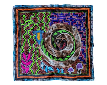 COSMIC SNAKE SPIRIT   Shipibo altar embroidery cloth  handmade spiritual healing tools sacred art wall hanging native Amazonian