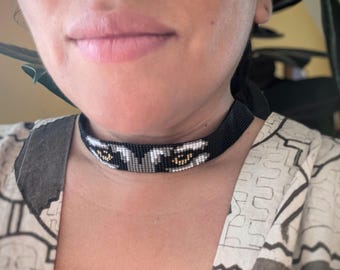 WOLF EYES  NECKLACE bib Unique one of a kind exclusive  design native beading beaded choker