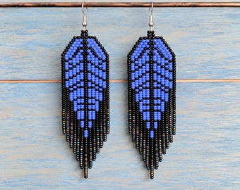 FEATHER beaded  long EARRINGS iridescent  purple hues summer CZECH glass beads