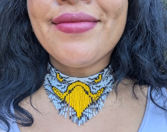 EAGLE EYES  NECKLACE bib Unique one of a kind exclusive  design native beading beaded choker