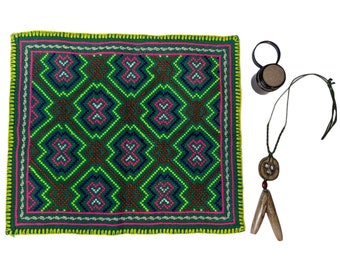 GIFT SET Shamanic kit  Pagan Handmade Shipibo medicine altar cloth,rapé  and woven macramé kuripe pendant necklace
