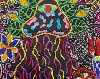 MAGIC FUNGI Shipibo altar hand embroidery cloth  handmade spiritual healing tools sacred wall hanging native Peru Amazonian visionary art