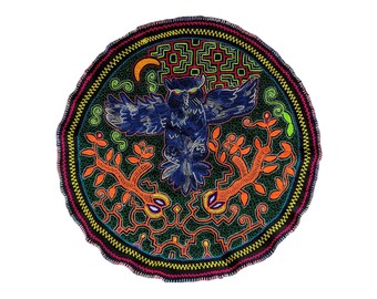 LARGE SHIPIBO MANDALA embroidered tapestry  table cloth sacred Owl Spirit  animal  80cm/31.5 in