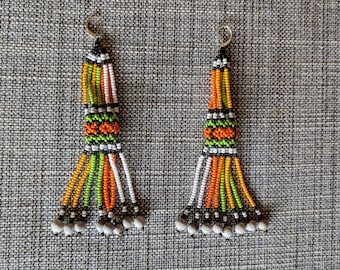Aunthentic SHIPIBO  long beaded with Amazonian seeds  EARRINGS  light  green yellow white green