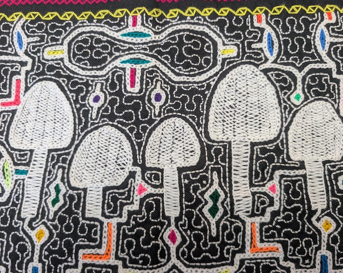 Featured listing image: SHIPIBO MAGIC MUSHROOM cloth wall hanging embroidery tapestry truffle fungi psilocybin spirit kene