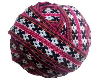 3.5 m JAQUARD WOOL RIBBON Pink white Inka Andean cross folk colorful woven style  Handmade by loom 1.25 in or 3 cm cut to size