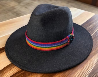 CHAKANA WOOL black felted hat with Inka  Q'ero wove ribbon sombrero size small and medium 54 and 56 cm