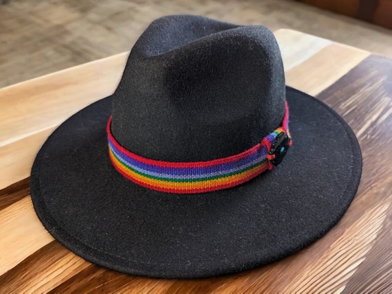 CHAKANA WOOL black felted hat with Inka  Q'ero wove ribbon sombrero size small and medium 54 and 56 cm