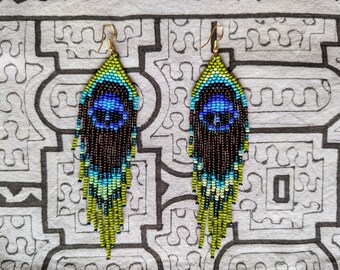 PEACKOK FEATHER beaded  EARRINGS long blue green turquoise iridescent hues summer long  Czech glass beads