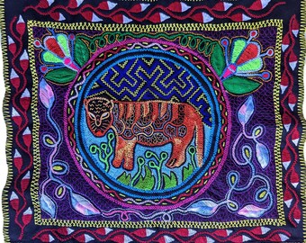 SHIPIBO fabric JAGUAR  Cat Spirit  animal shrine altar sacred cloth Amazonian tribal art