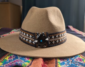 CHAKANA ANDEAN WOOL dark beige felted hat with Inka  q'ero black woven ribbon sombrero size  large 58 cm