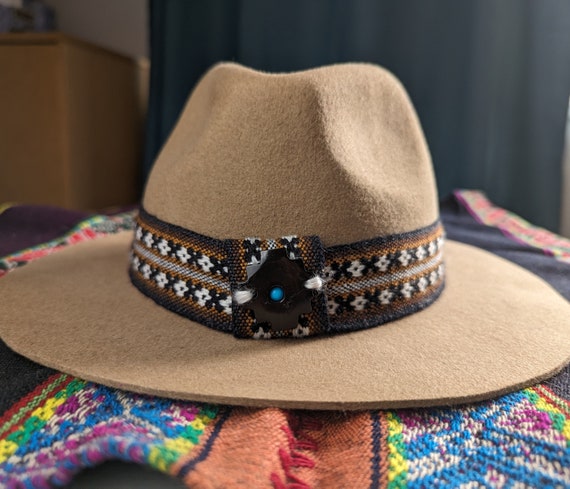 CHAKANA ANDEAN WOOL dark beige felted hat with Inka  q'ero black woven ribbon sombrero size  large 58 cm