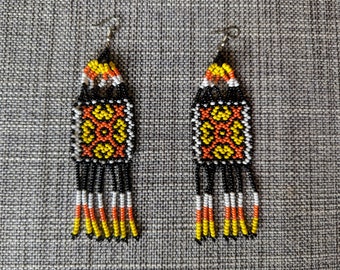 Aunthentic SHIPIBO long kene pattern beaded  EARRINGS orange yellow white