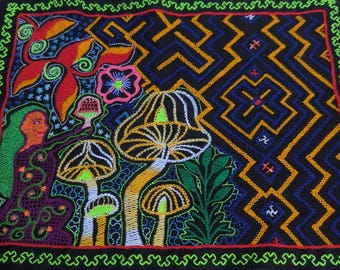 MAGIC FUNGI Shipibo altar hand embroidery cloth  handmade spiritual healing tools sacred art wall hanging native Peru Amazon