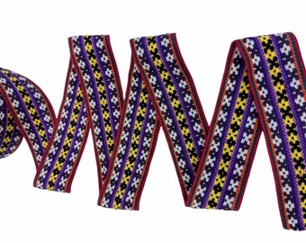 CROSS JAQUARD RIBBONs  Cuzco Peru Inka Andean colorful boho chic style  loom made purple white yellow 1.3 yd of 1.75 in or 1 m of 4.5 cm