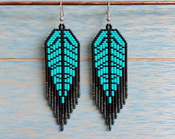 FEATHER beaded  EARRINGS long blue green turquoise iridescent hues summer long  CZECH glass beads
