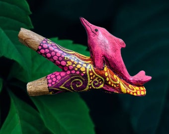 One of a kind PINK DOLPHIN Carved and painted psychedelic art  rapé japé jape hapé kuripe tepi self applicator