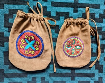 MEDICINE POUCH with SHIPIBO x 2  embroidery patch Vegan suede leather fabric.