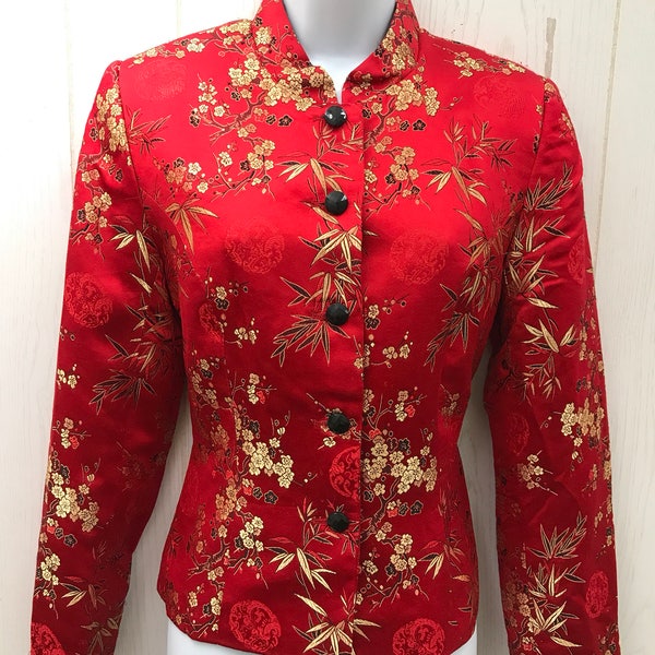 Vintage 90s Red/Gold/Black Floral Asian Style Button Front Fitted Blazer R & K Evening Size 6 Small