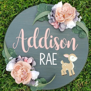 Round Wooden Name Sign, 24", Nursery Name Sign, Floral Name Sign