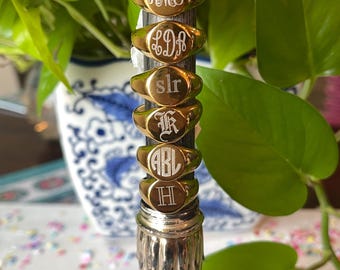 Custom personalized monogram initial engraved gold plated stainless steel signet ring