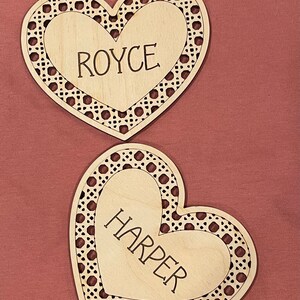 Custom Personalized Valentine’s Day Wooden Engraved Boho Rattan Basket Name Heart Tags