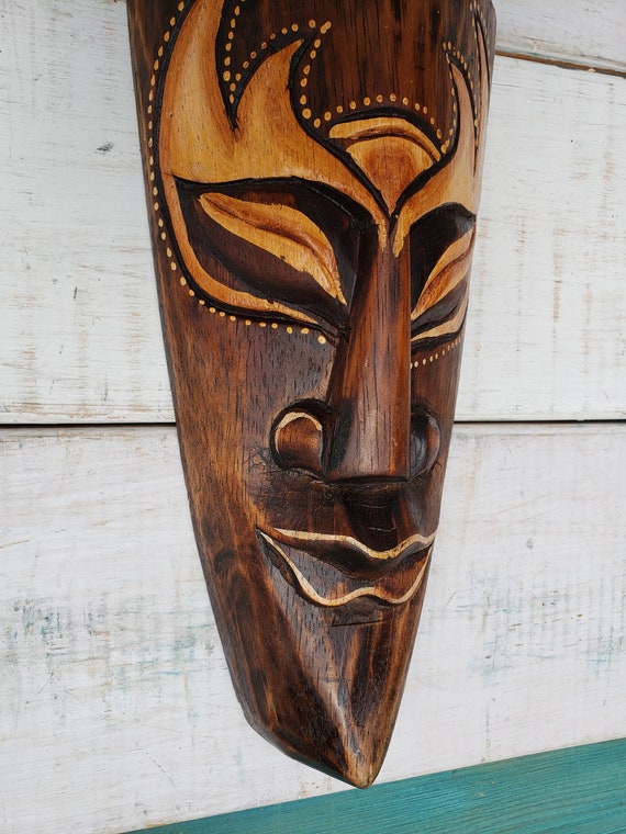 20/" Custom Handcarved Wood Tiki Mask W Cocktails Tropical Hawaiian Design BROWN