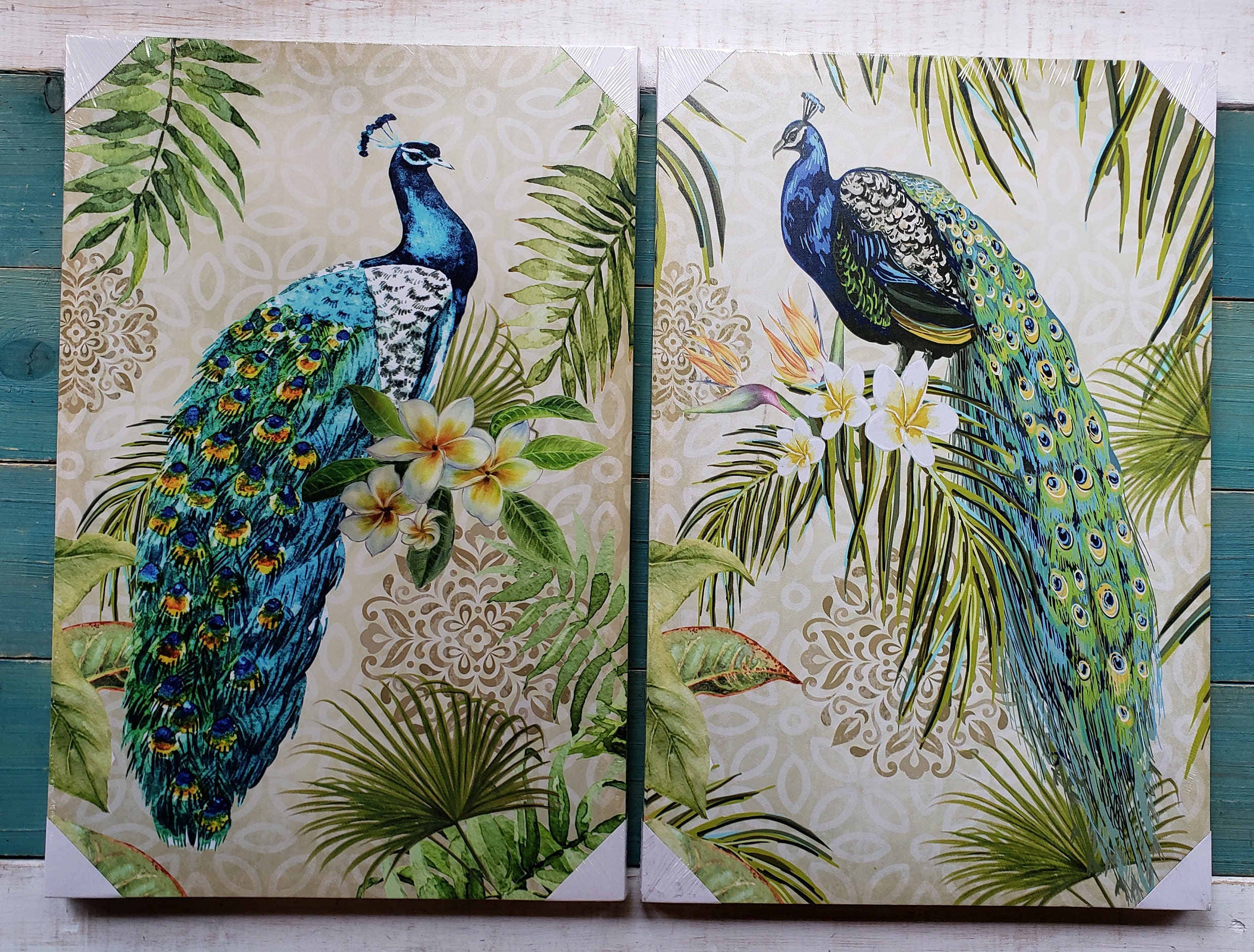 Limited Edition Set of 2 Peacock Paintings Anthropomorphic Art Peacock Decor  Bird Art Print Blue Room Grand Decor Rich Canvas Artwork 