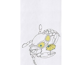 May include: A line drawing of a crab wearing sunglasses and holding a yellow beach umbrella.