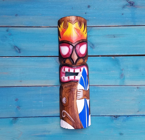 Tiki Mask Surfboard Flame Fire Surfer Tribal Bar Primitive Wood Wall Decor
