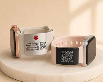 Etiqueta de identificación con código QR de alerta médica para correa de reloj, placa de seguridad grabada para Apple Watch, pulsera inteligente escaneable para corredores y aficionados al fitness.