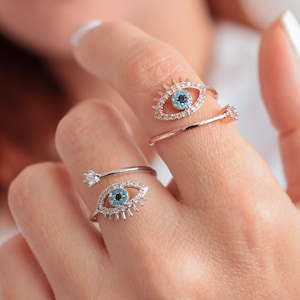 Anillo de mal de ojo, anillo de mal de ojo de oro rosa, anillo protector, anillo del ojo que todo lo ve, anillo envolvente de oro rosa, anillo circular delicado, joyería turca