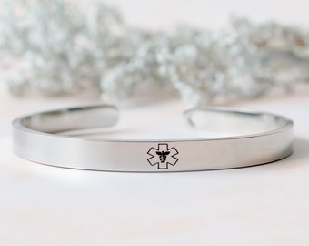 MZZJ Free Engraving Medical Alert ID Cuff Openable Bangle Bracelet for Women Girl Polish Stainless Steel Medical Condition Bracelet,Medical Emergency Jewelry.6.88 Inch,Silver//Black