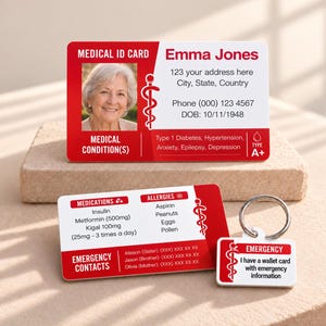 May include: A rectangular medical ID card featuring a photo of a person, the name Emma Jones, address, phone number, DOB, medical conditions, and blood type. A second card lists medications, allergies, and emergency contacts, plus a small key tag.