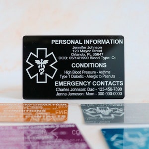 Tarjeta de identificación médica para billetera, tarjeta de contacto de emergencia de aluminio grabada a medida, tarjeta de alerta médica ICE de metal personalizada para afecciones médicas.