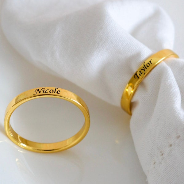 Set of custom engraved metal napkin rings, wedding reception setting table, personalized gold & silver name napkin holders, bridal shower