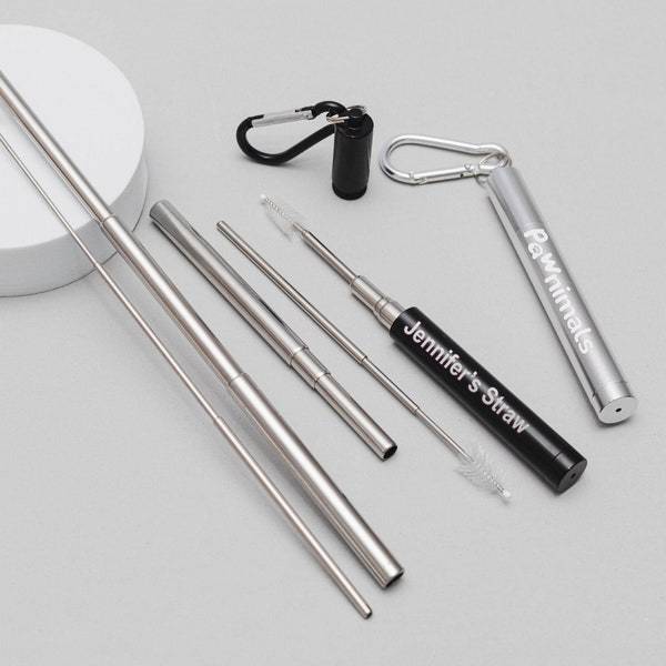 Custom engraved collapsible stainless steel straw with personalized case, telescopic metal eco friendly drinking extendable reusable straw
