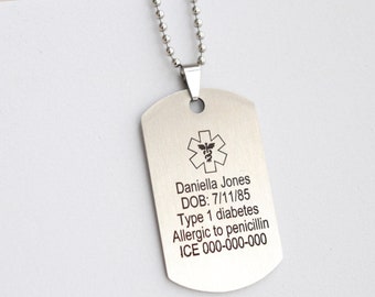 Medical ID necklace, custom engraved medical alert necklace for men & women, military army ID tag necklace, emergency awareness jewelry