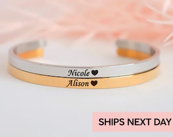 Custom engraved bar bracelets for women, unique personalized matching friendship name bracelet gift, nameplate cuff inspirational jewelry