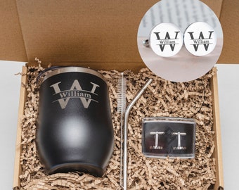 Personalized groomsmen gift box, custom engraved wine tumbler & wedding cufflinks set best man proposal wedding, groom engagement gift box